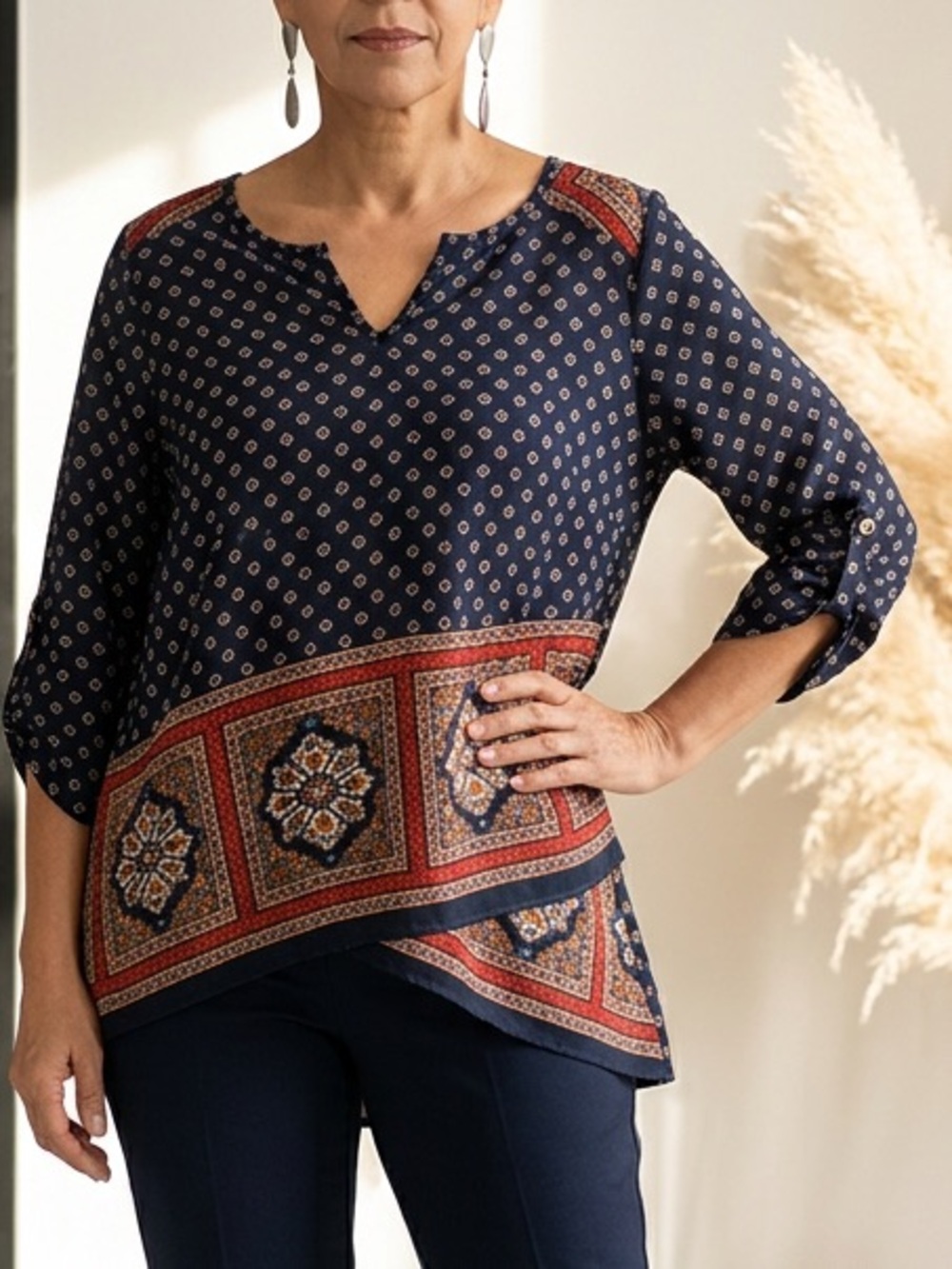 Navy Printed Boho V-Neck Tunic with Red Accent